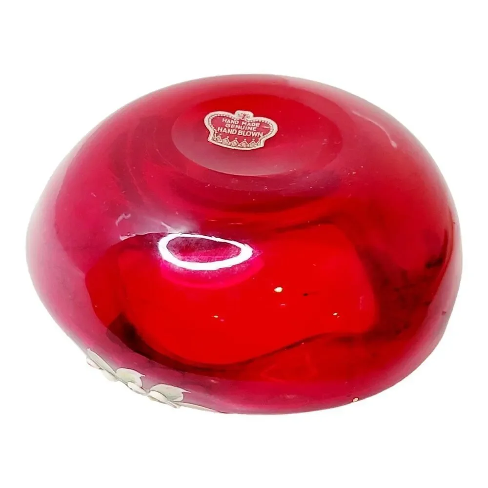 Vtg Hand Painted Bohemian Czech Ruby Red 22K Gold Dish Ashtray Enamel Flowers‎